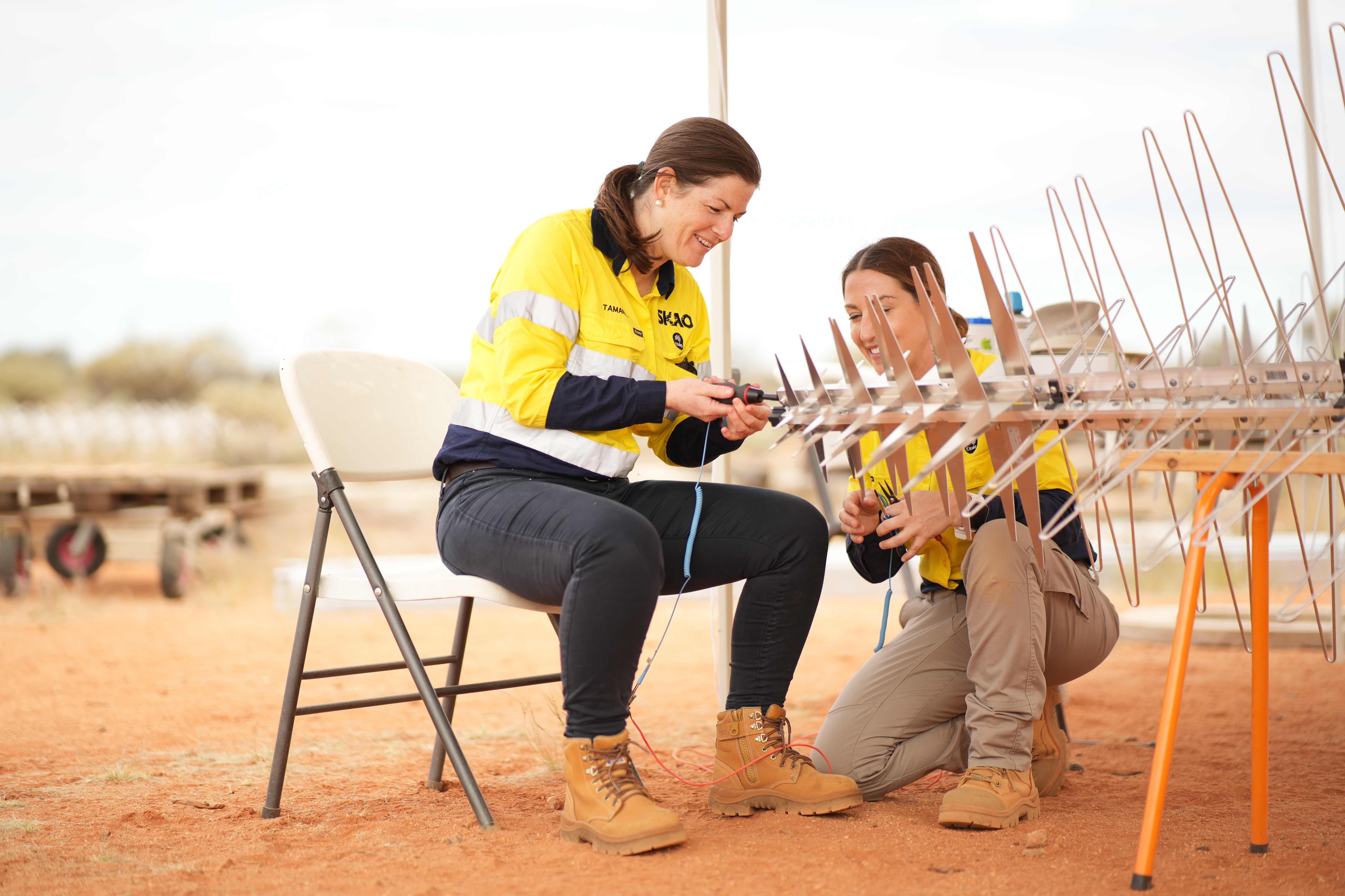 Caption: Members of the SKA-Low team build a prototype SKA-Low antenna. Credit: SKAO