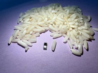 New tiny pacemaker sits next to rice for scale.