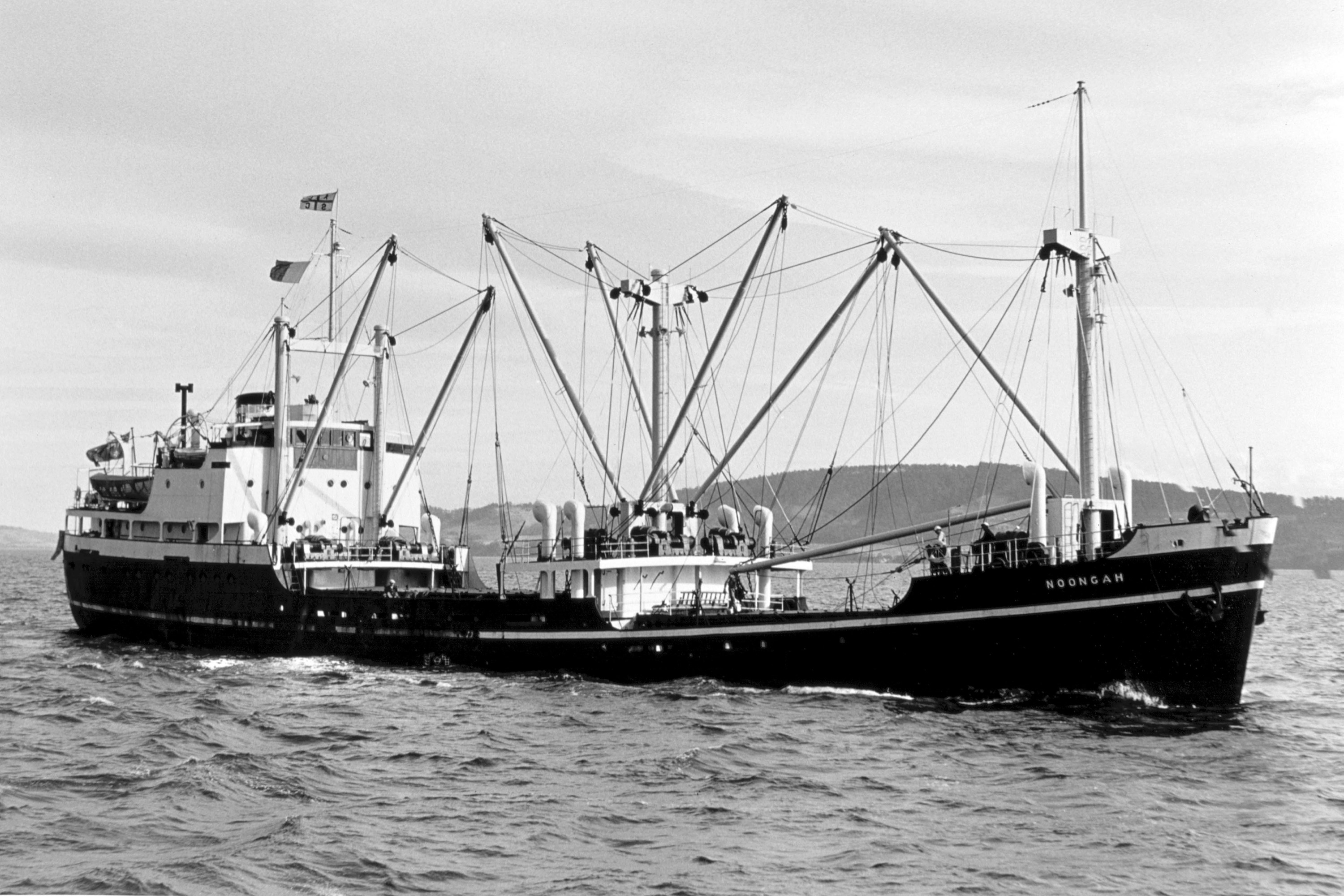 Motor vessel (MV) Noongah in the Derwent River, Hobart (sometime after 1956). Supplied: Australian National Maritime Museum.